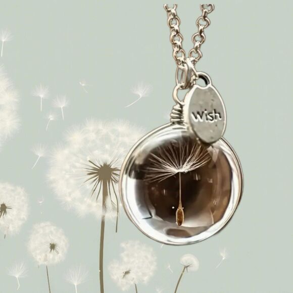 Clear Bubble With a Tiny Dandelion & a Carved WISH Charm Necklace - Picture 2 of 5
